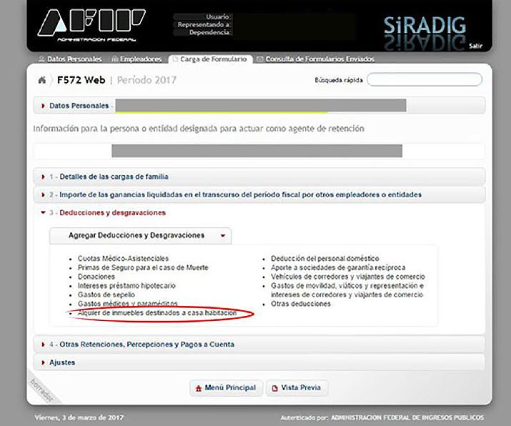 Sitio de la web de AFIP donde puede hacerse la deducción de alquileres