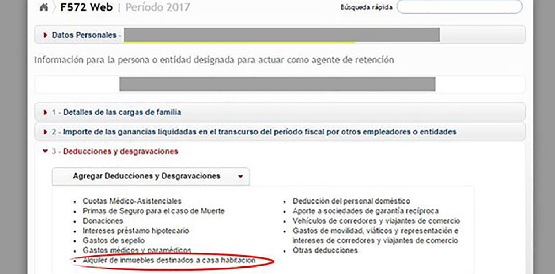 Sitio de la web de AFIP donde puede hacerse la deducción de alquileres