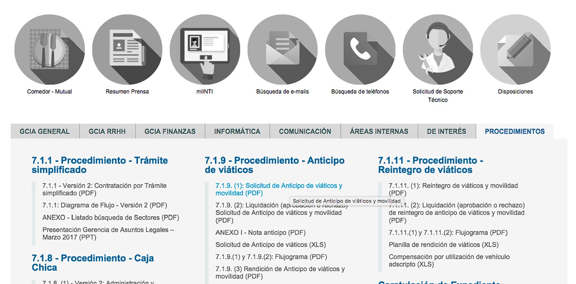 print de pantalla de Intranet  de la solapa de procedimientos