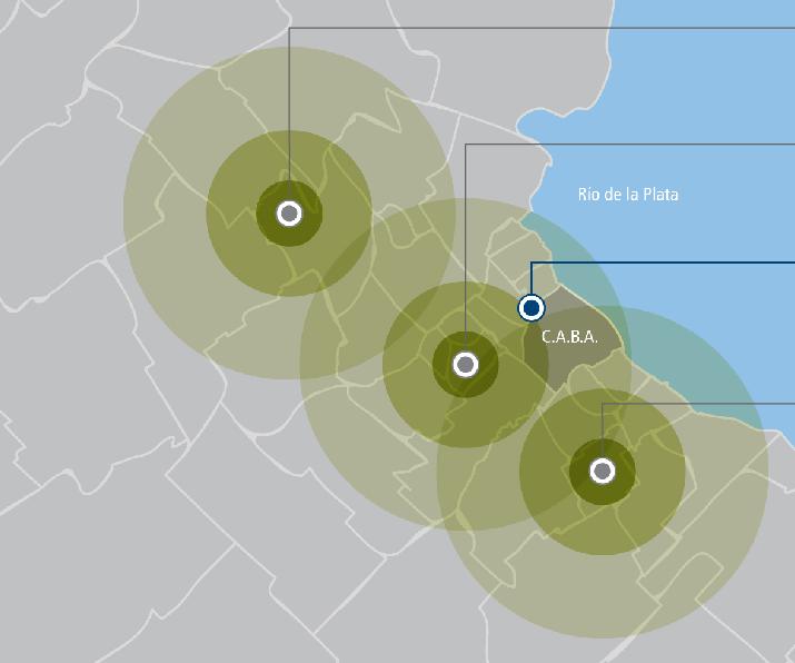 Mapa donde se ubican los parques industriales de Pilar, Morón y Almirante Brown