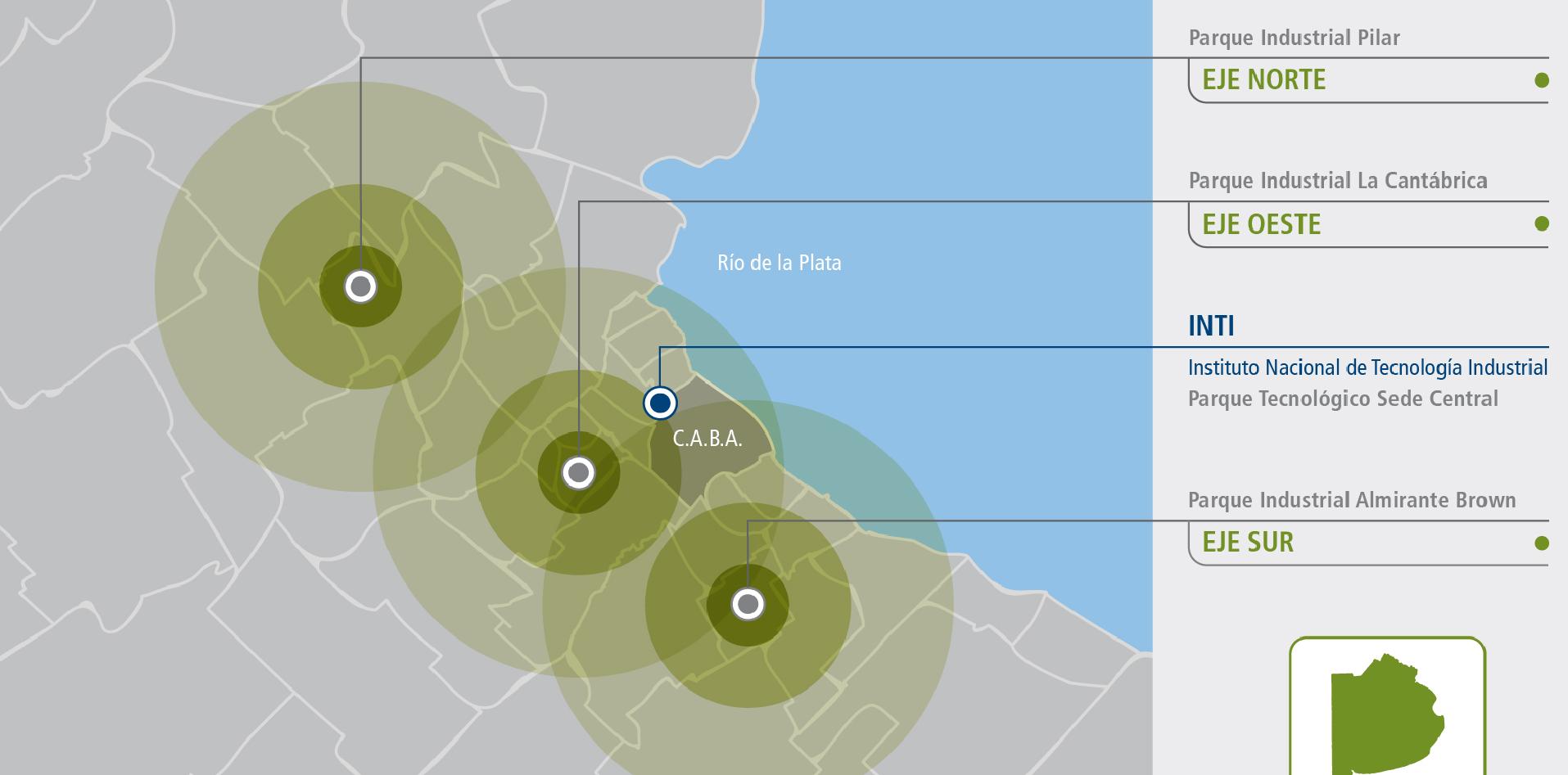 Mapa donde se ubican los parques industriales de Pilar, Morón y Almirante Brown